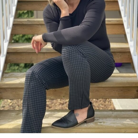 Ellen Tracy Black Gray Houndstooth Check Ponte Stretch Dress Pants Leggings L - Picture 1 of 8